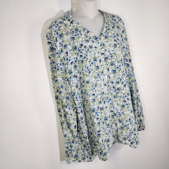 J Jill Women Blouse Rayon Button Up Collar Long Sleeve White Blue Floral Size L - Picture 4 of 10